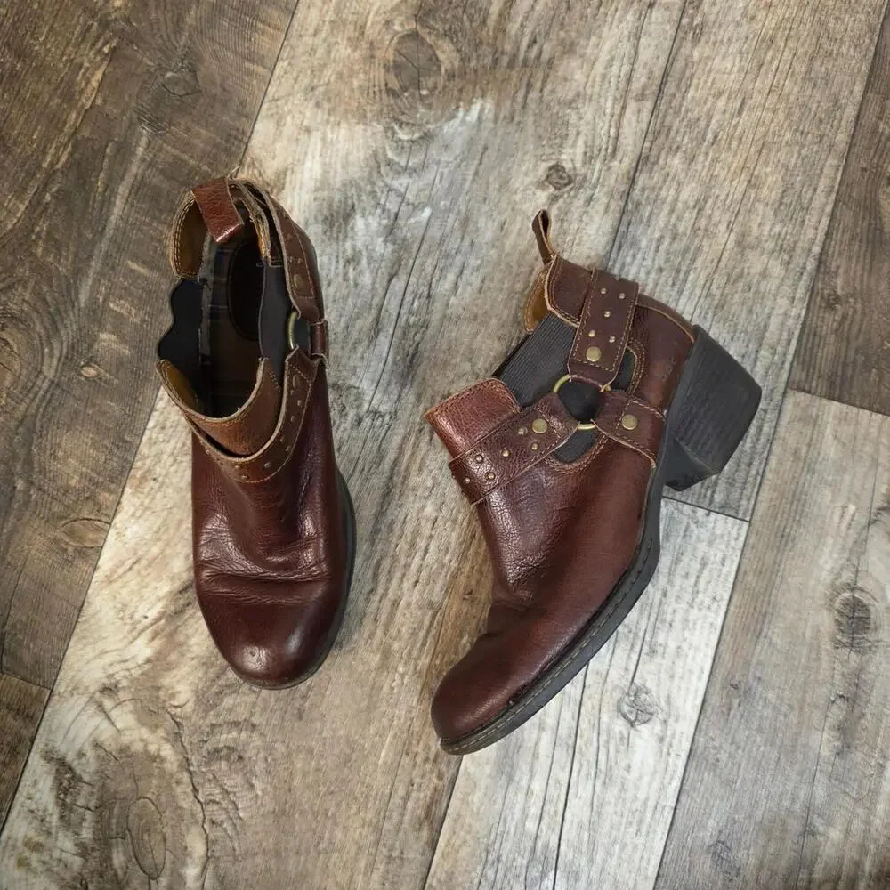 Born Brown Leather Ankle Boots Studded Harness Moto Western Boho Size 8